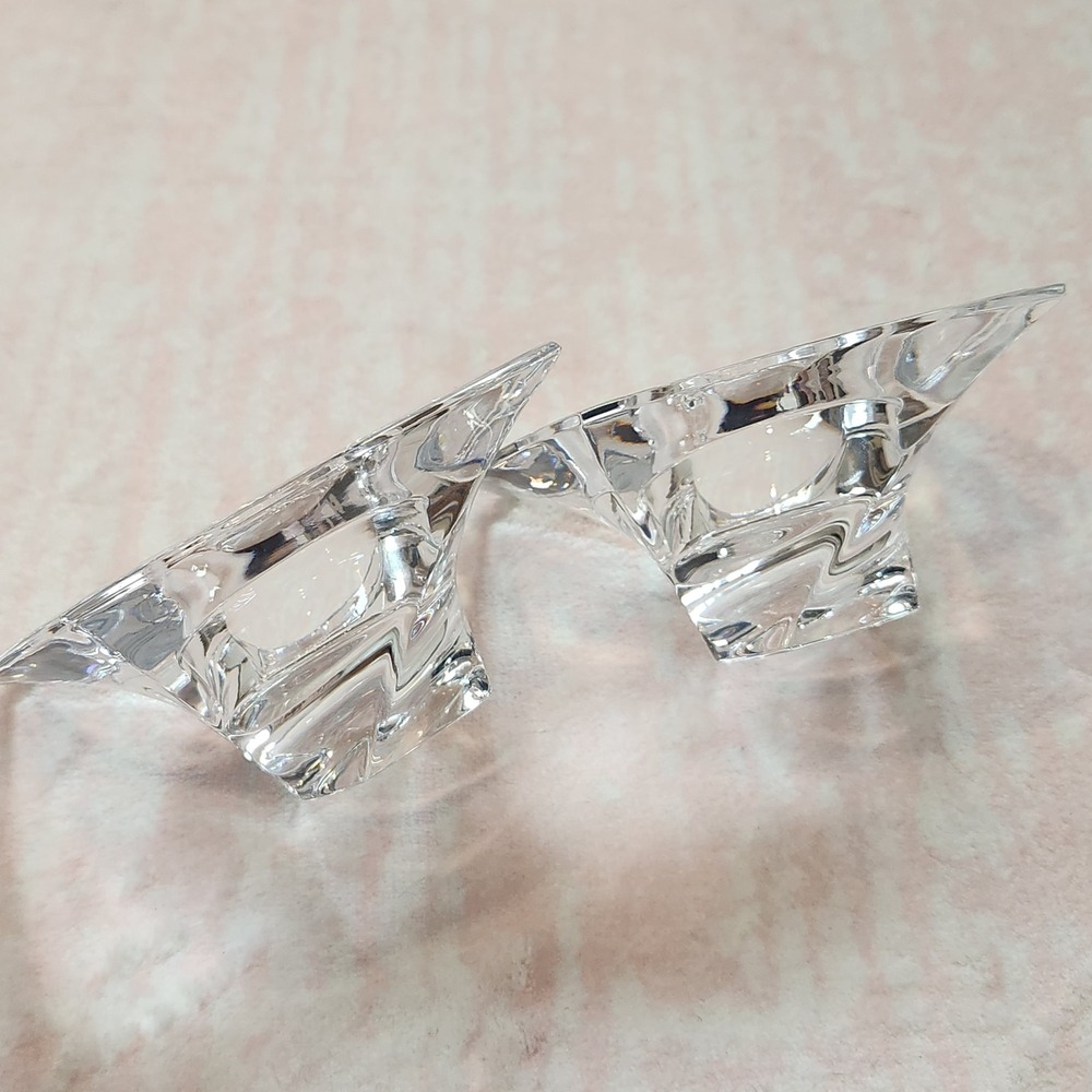 Nambe Crystal Square Swirl Taper Candle‎ Holders Set of 2 Clear Glass MCM Style